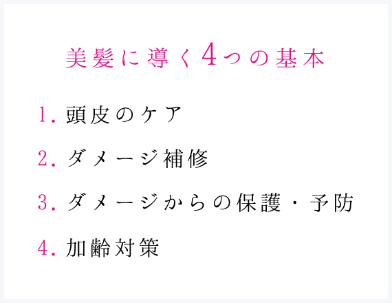 美髪に導く4つの基本　1.頭皮のケア　2.ダメージ補修　3.ダメージからの保護・予防　4.加熱対策