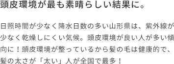 頭皮環境が最も素晴らしい結果に。  日照時間が少なく降水日数の多い山形県は、紫外線が少なく乾燥しにくい気候。頭皮環境が良い人が多い傾向に！頭皮環境が整っているから髪の毛は健康的で、髪の太さが「太い」人が全国で最多！