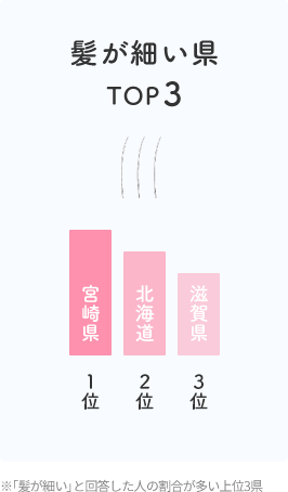 髪が細い県 TOP3  宮崎県 １位  北海道 ２位  滋賀県 ３位  ※「髪が細い」と回答した人の割合が多い上位3県