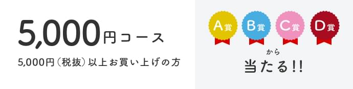 5,000円コース 5,000円(税抜)以上お買い上げの方 A賞 B賞 C賞 D賞から当たる！！