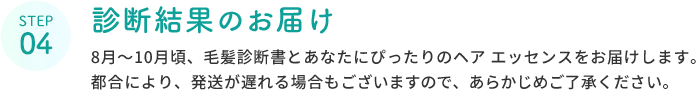 STEP 04  診断結果のお届け  8月～10月頃、毛髪診断書とあなたにぴったりのヘア エッセンスをお届けします。都合により、発送が遅れる場合もございますので、あらかじめご了承ください。