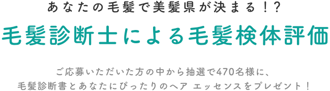 あなたの毛髪で美髪県が決まる！？  毛髪診断士による毛髪検体評価  ご応募いただいた方の中から抽選で470名様に、毛髪診断書とあなたにぴったりのヘア エッセンスをプレゼント！