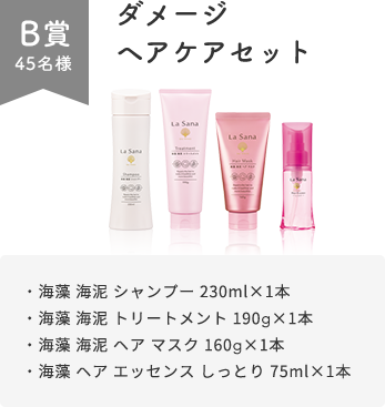 B賞 45名様  ダメージ ヘアケアセット  ・海藻 海泥 シャンプー 230ml×1本 ・海藻 海泥 トリートメント 190g×1本 ・海藻 海泥 ヘア マスク 160g×1本 ・海藻 ヘア エッセンス しっとり 75ml×1本