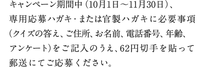 キャンペーン期間中（10月1日～11月30日）、専用応募ハガキ・または官製ハガキに必要事項（クイズの答え、ご住所、お名前、電話番号、年齢、アンケート）をご記入のうえ、62円切手を貼って郵送にてご応募ください。