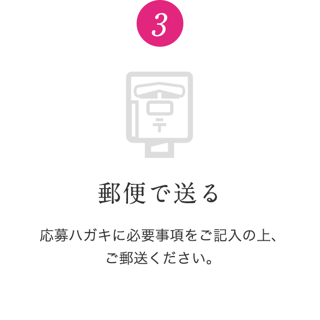 3 郵便で送る 応募ハガキに必要事項をご記入の上、                    ご郵送ください。