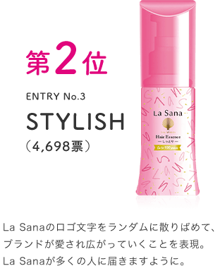 第2位 ENTRY No.3 STYLISH（4,698票） La Sanaのロゴ文字をランダムに散りばめて、ブランドが愛され広がっていくことを表現。La Sanaが多くの人に届きますように。