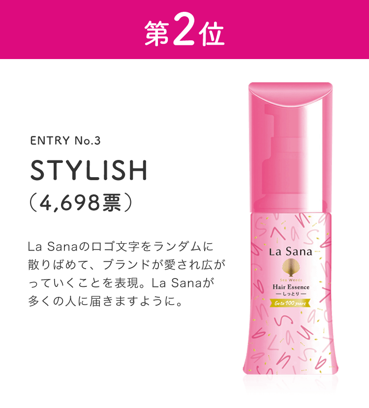 第2位 ENTRY No.3 STYLISH（4,698票） La Sanaのロゴ文字をランダムに散りばめて、ブランドが愛され広がっていくことを表現。La Sanaが多くの人に届きますように。