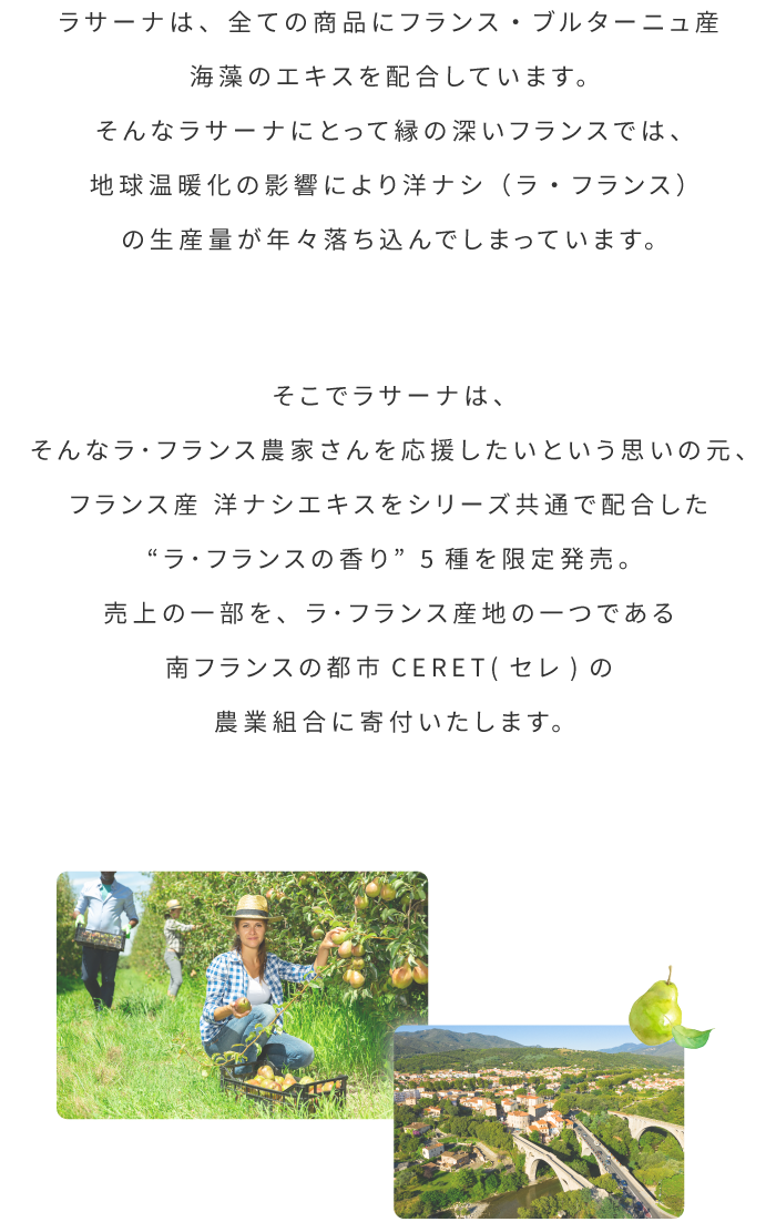 ラサーナは、全ての商品にフランス・ブルターニュ産海藻のエキスを配合しています。そんなラサーナにとって縁の深いフランスでは、地球温暖化の影響により洋ナシ（ラ・フランス）の生産量が年々落ち込んでしまっています。そこでラサーナは、そんなラ・フランス農家さんを応援したいという思いの元、フランス産 洋ナシエキスをシリーズ共通で配合した”ラ・フランスの香り”5種類を限定発売。売上の一部を、ラ・フランス産地の一つである南フランスの都市CERET（セレ）の農業組合に寄付いたします。