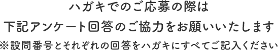 ハガキでのご応募の際は下記アンケート回答のご協力をお願いいたします※設問番号とそれぞれの回答をすべてハガキにご記入ください