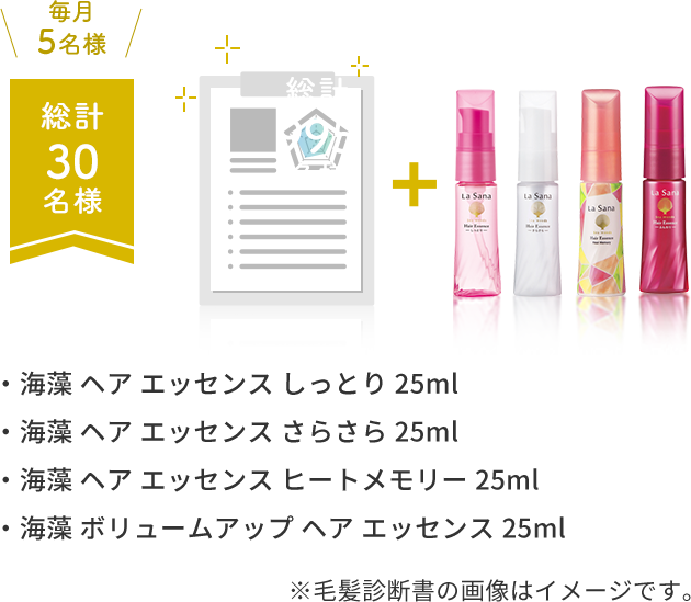 毎月5名様  総計30名様  ・海藻 ヘア エッセンス しっとり 25ml  ・海藻 ヘア エッセンス さらさら 25ml  ・海藻 ヘア エッセンス ヒートメモリー 25ml  ・海藻 ボリュームアップ ヘア エッセンス 25ml  ※毛髪診断書の画像はイメージです。