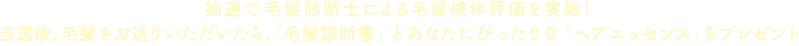 抽選で毛髪診断士による毛髪検体評価を実施！当選後、毛髪をお送りいただいたら、「毛髪診断書」とあなたにぴったりな「ヘア エッセンス」をプレゼント