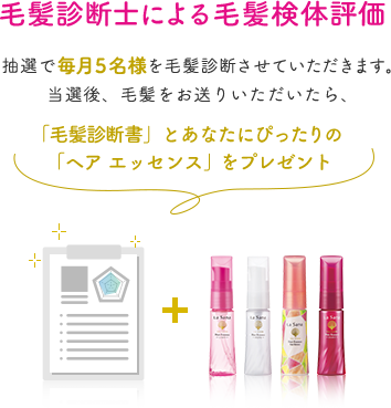 毛髪診断士による毛髪検体評価  抽選で毎月5名様を毛髪診断させていただきます。 当選後、毛髪をお送りいただいたら、 「毛髪診断書」とあなたにぴったりの 「ヘア エッセンス」をプレゼント