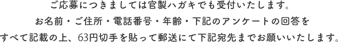 ご応募につきましては官製ハガキでも受付いたします。お名前・ご住所・電話番号・年齢・下記のアンケートの回答をすべて記載の上、63円切手を貼って郵送にて下記宛先までお願いいたします。