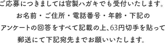 ご応募につきましては官製ハガキでも受付いたします。お名前・ご住所・電話番号・年齢・下記のアンケートの回答をすべて記載の上、63円切手を貼って郵送にて下記宛先までお願いいたします。