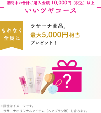 期間中の合計ご購入金額 10,000円（税込）以上  いいツヤコース  もれなく全員にラサーナ商品※最大5,000円相当プレゼント！  ※画像はイメージです。ラサーナオリジナルアイテム（ヘアブラシ等）を含みます。