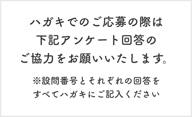 ハガキでのご応募の際は下記アンケート回答のご協力をお願いいたします。  ※設問番号とそれぞれの回答をすべてハガキにご記入ください