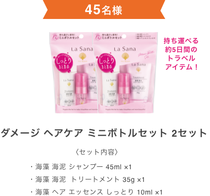 45名様  持ち運べる約5日間のトラベルアイテム！  ダメージ ヘアケア ミニボトルセット 2セット  〈セット内容〉  ・海藻 海泥 シャンプー 45ml ×1 ・海藻 海泥  トリートメント 35g ×1 ・海藻 ヘア エッセンス しっとり 10ml ×1