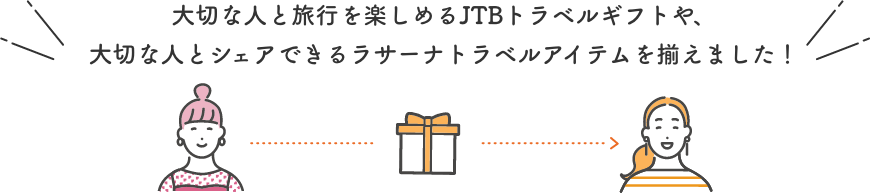 大切な人と旅行を楽しめるJTBトラベルギフトや、大切な人とシェアできるラサーナトラベルアイテムを揃えました！