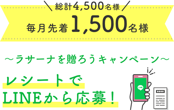 総計4,500名様 毎月先着1,500名様  〜ラサーナを贈ろうキャンペーン〜  レシートでLINEから応募！