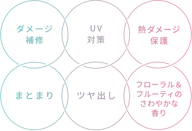 ダメージ補修  UV対策  熱ダメージ保護  まとまり  ツヤ出し  フローラル＆フルーティのさわやかな香り