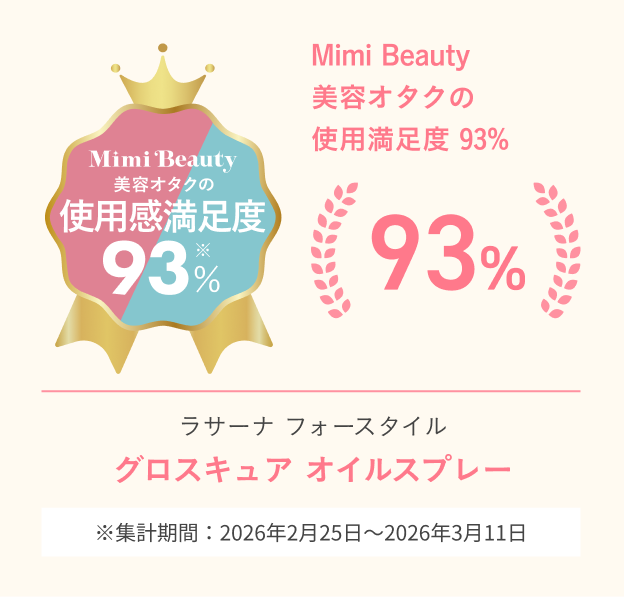 Mimi Beauty  美容オタクのツヤ増し実感 93%  ラサーナ フォースタイル  グロスキュア オイルスプレー  ※集計期間：2026年2月25日～2026年3月11日