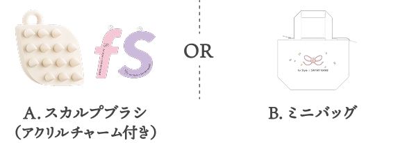 A.スカルプブラシ（アクリルチャーム付き）  OR  B.ミニバッグ