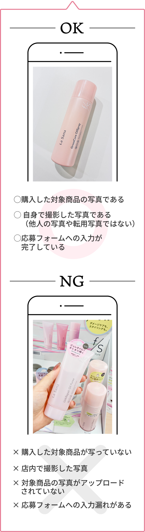 OK  ◯購入した対象商品の写真である  ◯ 自身で撮影した写真である（他人の写真や転用写真ではない）  ◯応募フォームへの入力が完了している  NG  × 購入した対象商品が写っていない  × 店内で撮影した写真  ×対象商品の写真がアップロードされていない  ×応募フォームへの入力漏れがある
