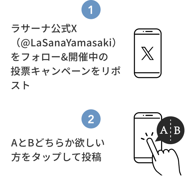 1 ラサーナ公式X（@LaSanaYamasaki）をフォロー&開催中の投票キャンペーンをリポスト  2  AとBどちらか欲しい方をタップして投稿