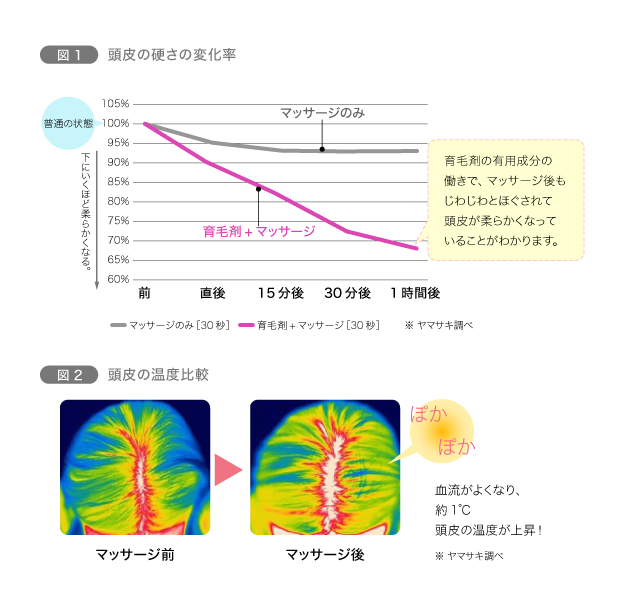 図1　頭皮の硬さの変化率／図2　頭皮の温度比較